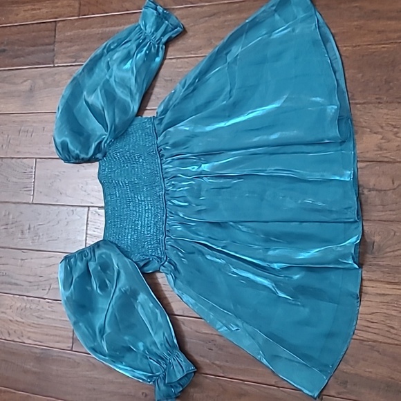 Thirty Thirty Teal Mini Dress with Sheer Poof Sleeves & Smocked Back size XL - Picture 2 of 8